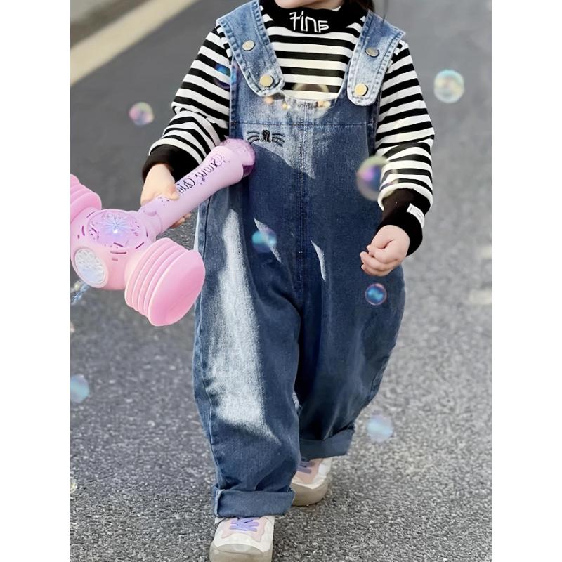 Cute and youthful light blue denim overalls with bunny ear decorations - casual loose fit, suitable for spring and autumn, machine washable, perfect for outdoor activities