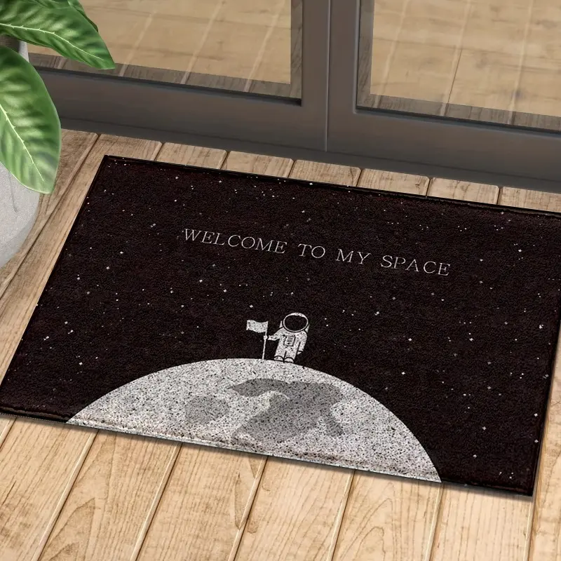 Flannel Floor Mat Astronaut Moon Welcome Doormat, suitable for bathroom, bedroom, and kitchen entrance - machine washable indoor home decor, bathroom mat, fun design, space theme, durable material, floor mat, household essential, modern home, space enthus
