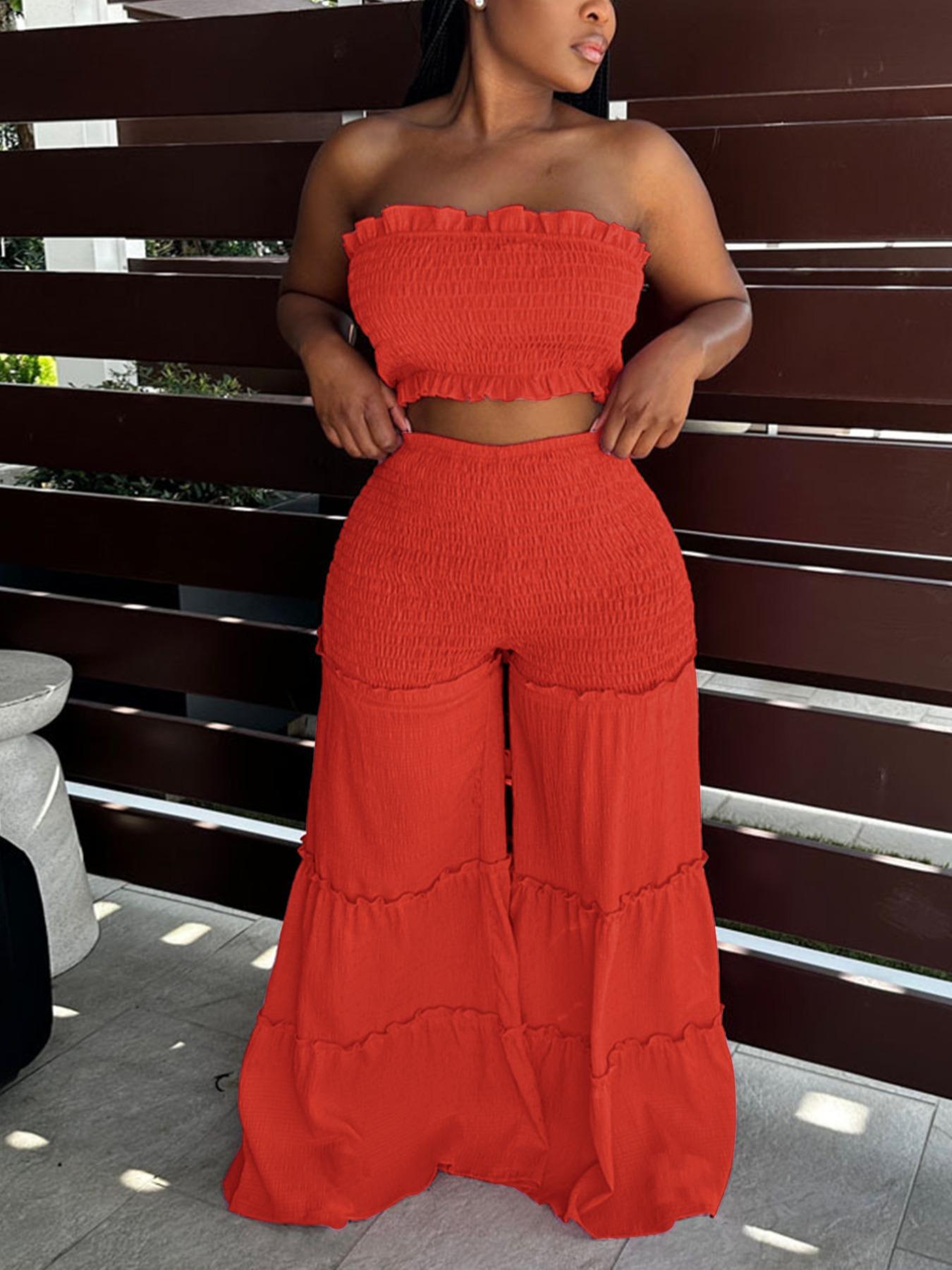 Women's Frill Trim Shirred Flare Leg Pants Set, Boho Casual Crop Tube Top & High Waist Trousers for Beach Holiday Vacation, Ladies Summer Clothes