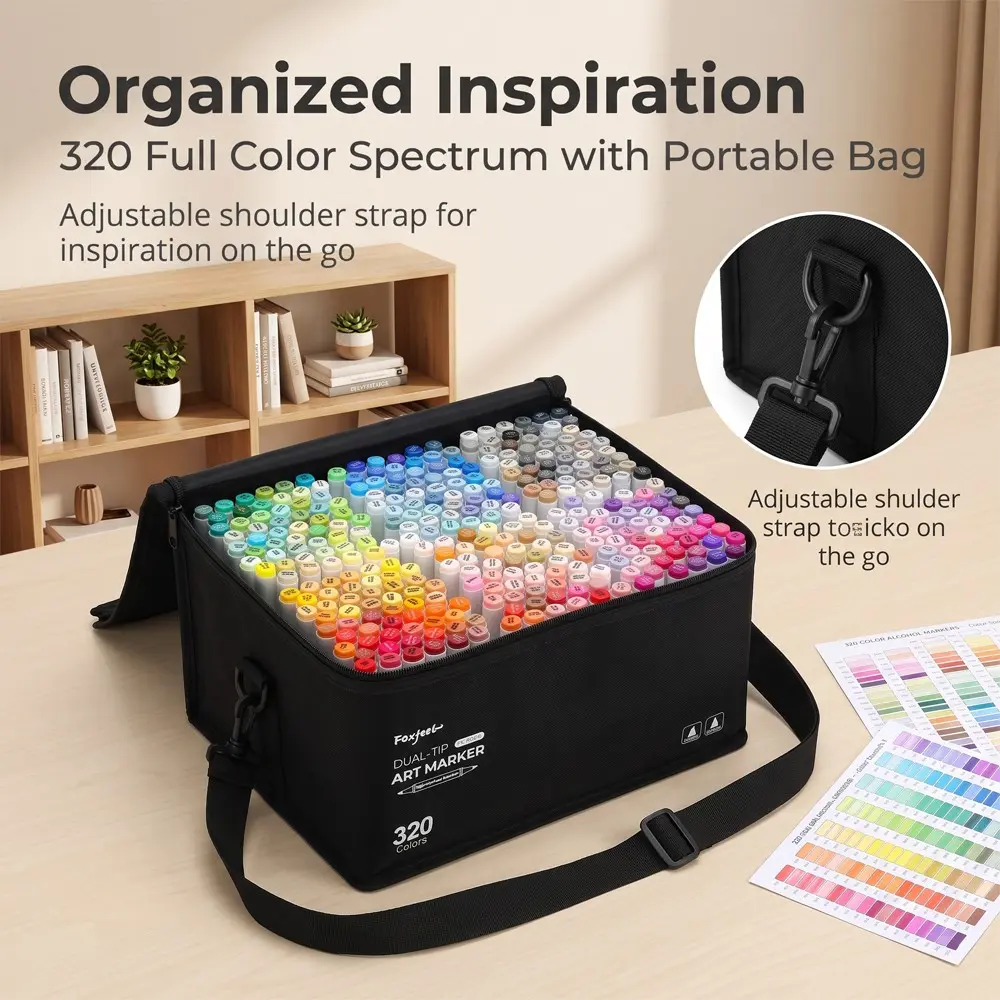 Professional 320 Dual-Ended Alcohol Markers Set, Full Color Range, Crossbody Pouch, Ideal for Sketching, Illustrations, Back-To-School Art Supplies