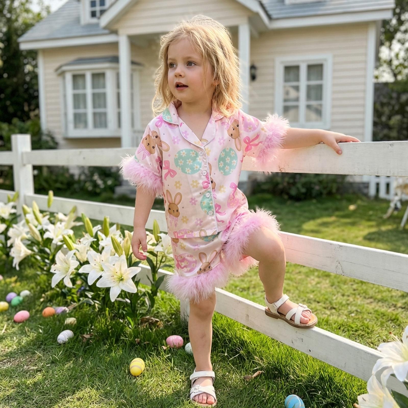 Easter Kids Girls Pajamas Set, Eggs Rabbit Print Short Sleeve Turn-down Collar Tops with Shorts Sleepwear