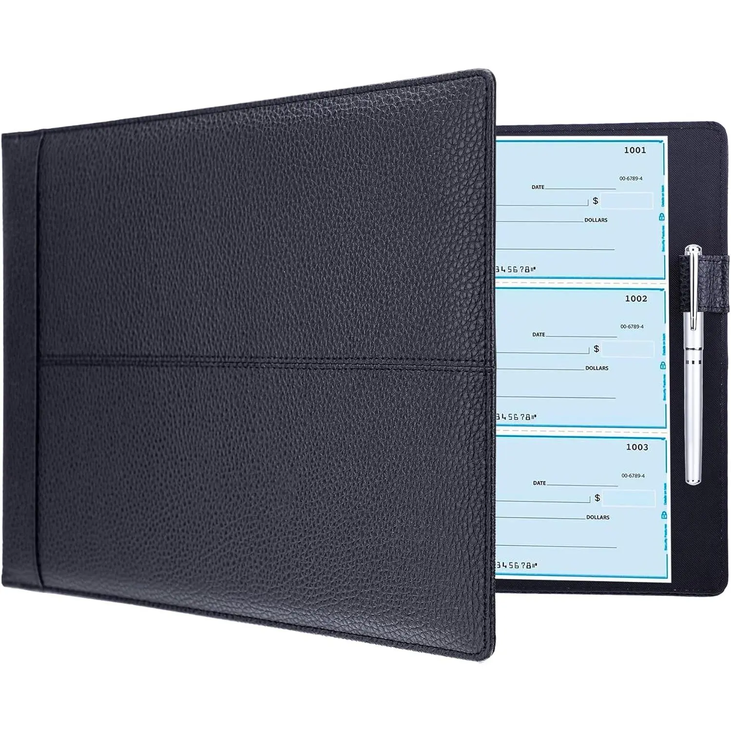 7 Ring Business Checkbook Binder for Business Checks, 600 Checks Capacity, PU Leather Check Book Binder Cover with Zipper Pouch, Executive Organizer Portfolio Holder for 9x13 Inch Sheets, Black
