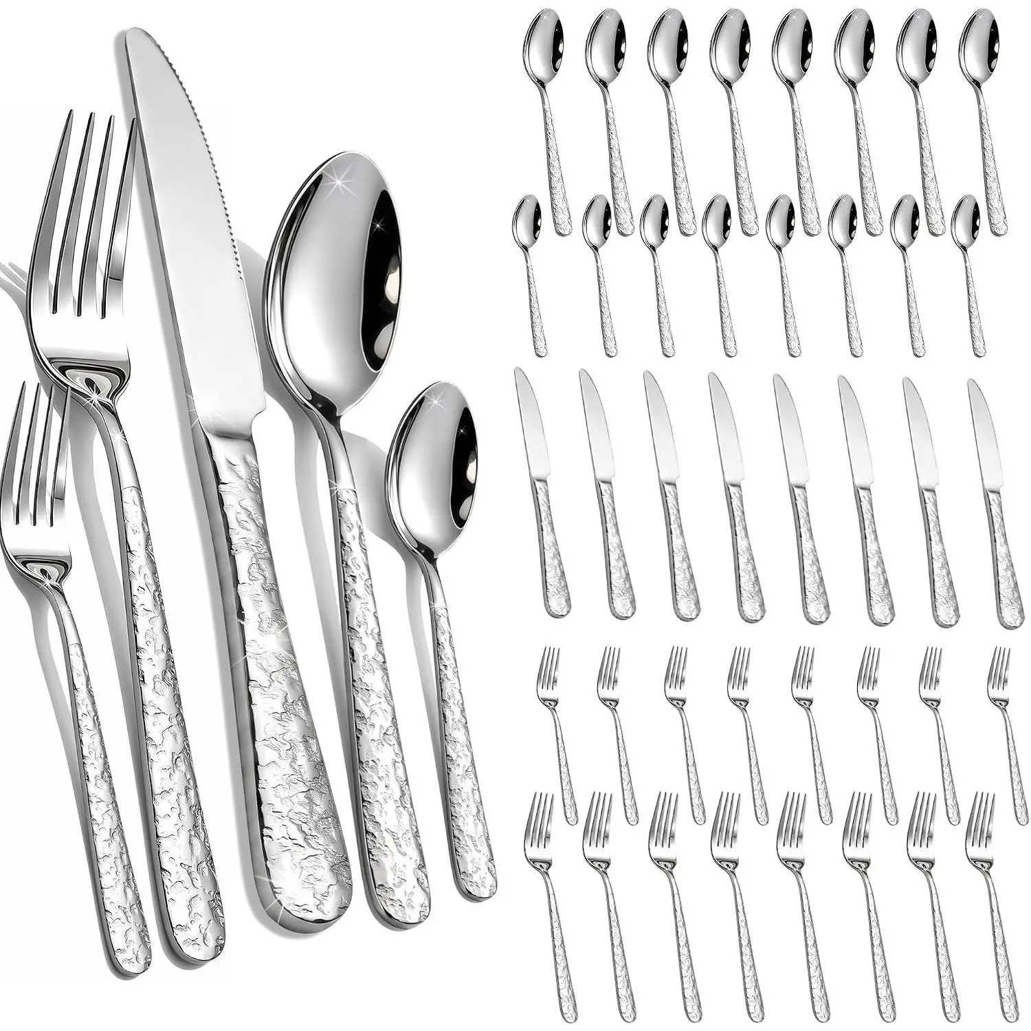 40-Piece Hammered Silverware Set for 8, Stainless Steel Flatware Set with Dinner Forks, Spoons and Knives, Dishwasher Safe Cutlery Set, Eating Utensils for Home, Wedding and Housewarming