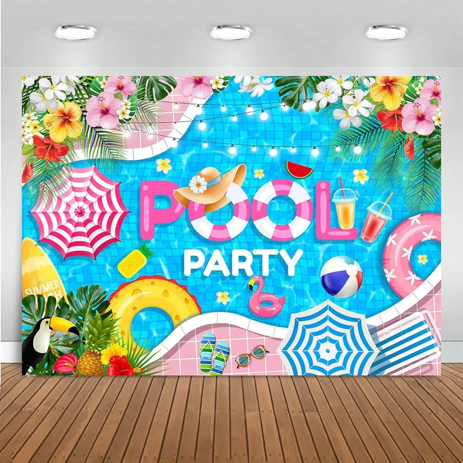 Mocsicka Summer Pool Party Backdrop Swimming Beach Ball For Kids Girls Birthday Party Decorations Pool Flamingo Lifebuoy Summer Photography Background (Blue, 7x5ft(82''x60'')), Home Decor, Room Decor, Wall Decorations, Birthday And Party Backdrops, Photo