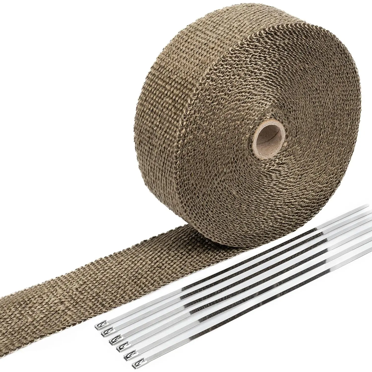 Titanium Exhaust Wrap (2 in x 50 ft) – Volcanic Rock Infused, 1400F Direct/2000F Heat Resistance, 50% Heat Reduction, High Abrasion Resistance, for Motorcycle & Car Headers, 12 in Stainless Steel Zip Ties (Ideal for Oil Spills)