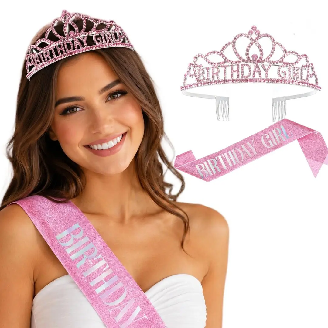 1 Set Birthday Girl Tiara and Sash Set, Gold Rhinestone Crown Headband with Glitter Birthday Sash for Women’s Birthday Party Decorations, Birthday Crowns
