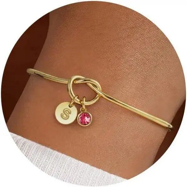 Women 14K Gold Plated Waterproof Love Knot Letter A-Z Initial Birthstone Bangle Bracelet Bridesmaid Gifts for Women Girl Jewelry