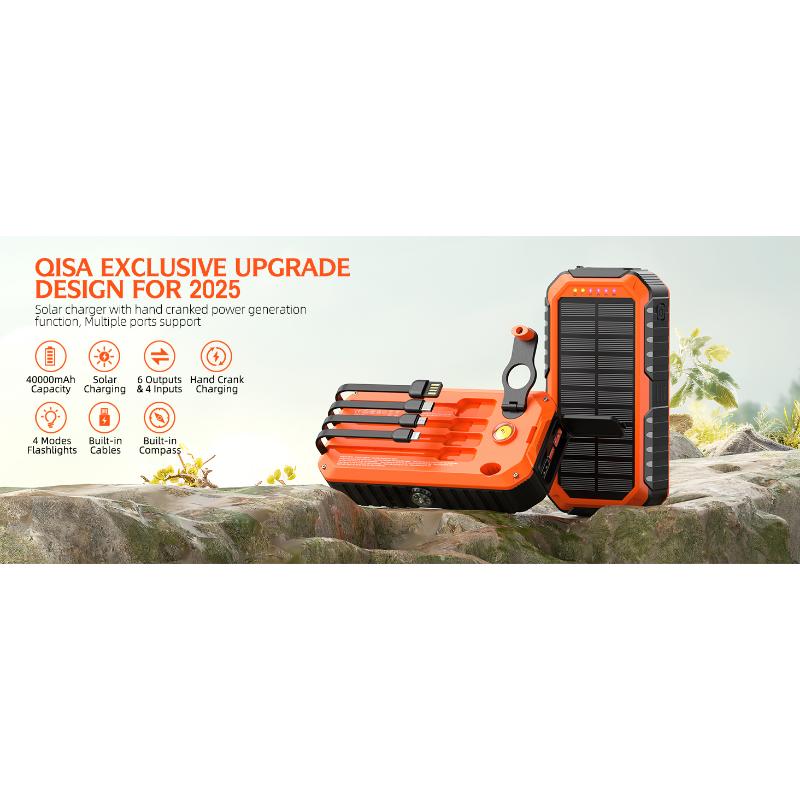 Solar Charger Power Bank 40000mAh Built in 4 Cables and Hand Crank, Portable Charger 22.5W Fast Charger 6 Outputs & 4 Inputs External Battery Pack with Bright Flashlight and Compass