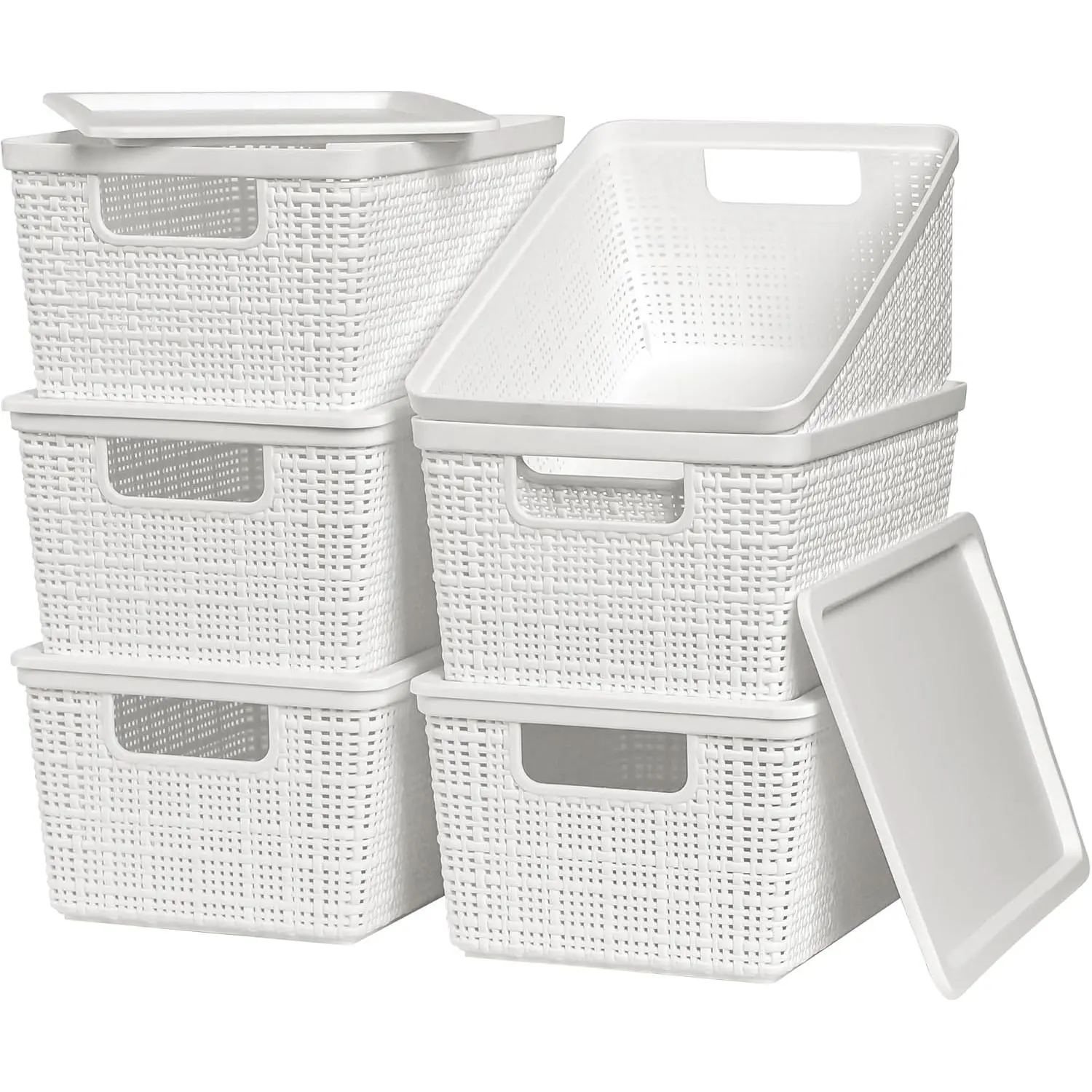 6 Pack Plastic Storage Baskets With Lids,White Breathable Stackable Storage Bins,Small Storage Containers,for Organizing Storage Baskets on Desktops,Closets,Playrooms,Classrooms,Offices
