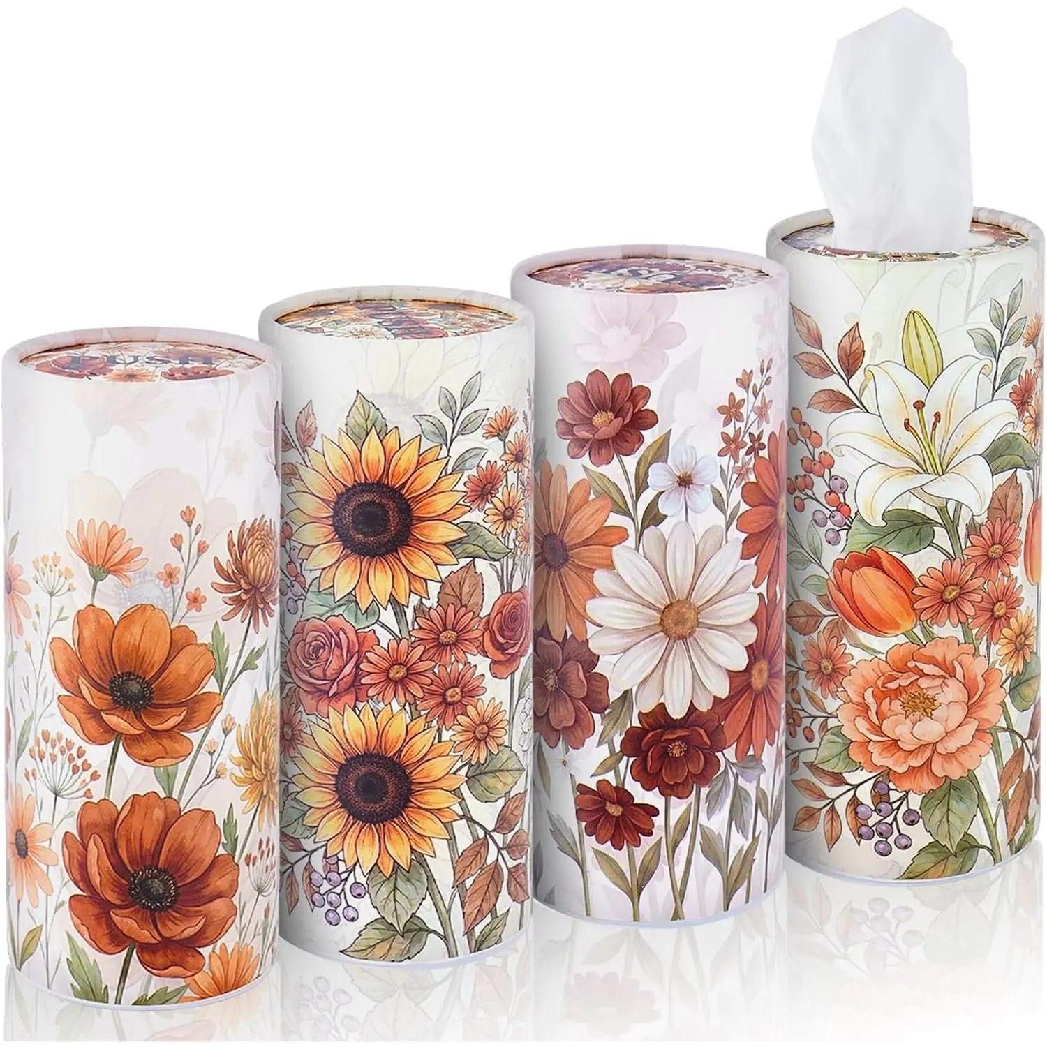 Floral  Tissues Cylinder, 4 Pack Round Tissue Box for  Cup Holder, 2 Ply 50 Count Facial Tissues Tube, Portable Travel Tissues for SUV  RV Van Office Classroom