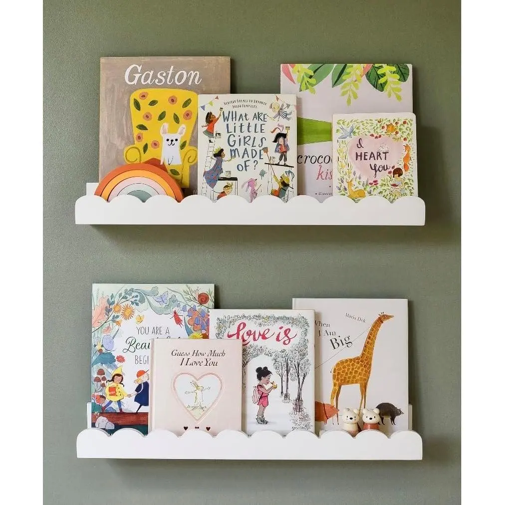 Floating Nursery Book Shelves Wall | Pair of 24in Scalloped Book Shelves for Kids Room | Cloud Shelves for Homeschool | Baby Bookshelf | White Shelves for Wall | Cottage Decor for Baby Registry