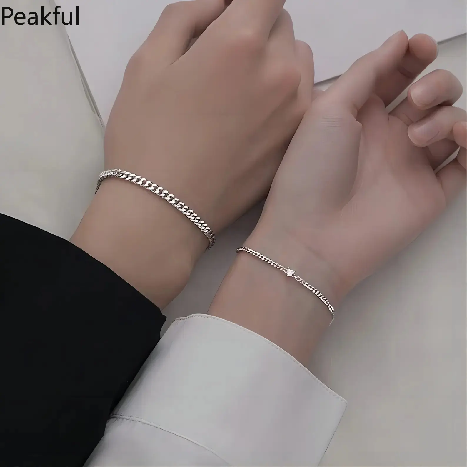 Cuban Link Matching Bracelets 2-Piece Set for Couples, Gold & Silver Adjustable Chain with Heart Crystal, Cute Promise Jewelry for BF/GF, Perfect Birthday Gift for Him & Her, Anniversary Essential.