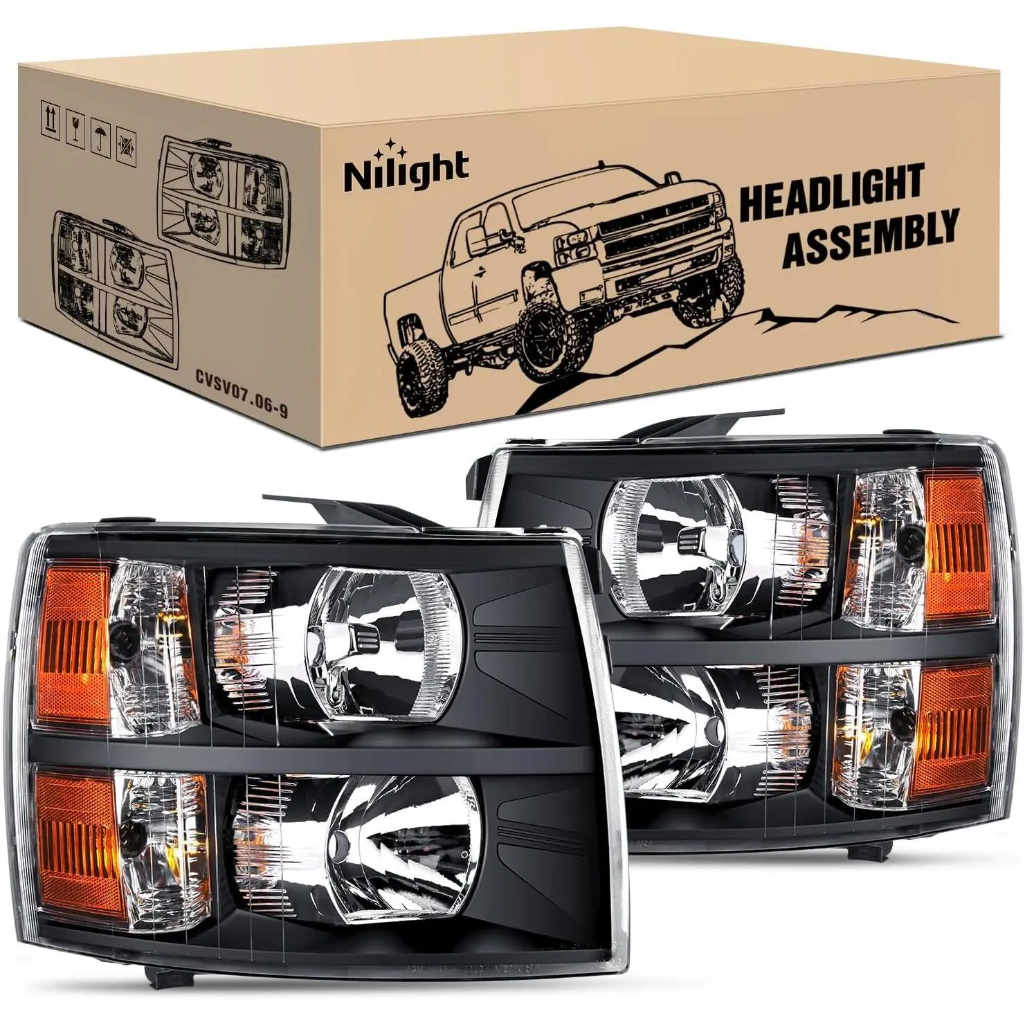 Nilight Shockproof LED Car Headlight Replacement Assembly - Black Housing, Amber Reflective, Plug-and-Play OE Fitment, High/Low Beams, Easy-Install Pair Set for 2007-2013 Silverado 1500, 2007-2014 Silverado 2500HD/3500HD (Driver Side Option Available), Le