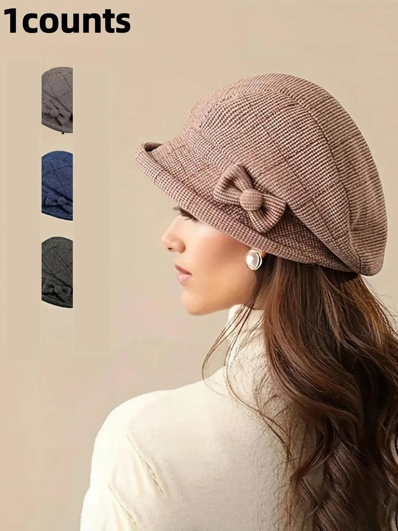Women's Elegant Plaid Pattern Bow Decor Beret, Casual Trendy Matching Hats for Fall & Winter, Stylish Hat, Fashionable Hats, Fashion Accessories for Women & Girls, Hat With Bow