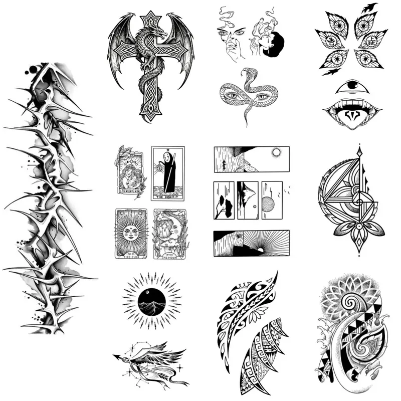 Semi-Permanent Tattoo, Gothic Dark Mixed Pattern Fake Tattoo Stickers, Thorn Dragon Cross Tarot Tribal Mandala Design, Waterproof Authentic Tattoo Appearance, Long Lasting 7-15 Days Plant Ink Temporary Tattoo for Body Arms