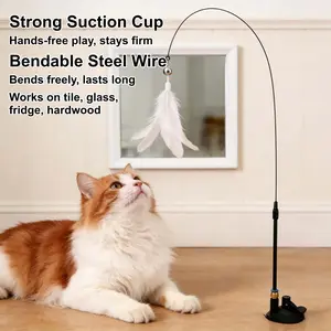Cat Teaser Wand Suction Cup Self Play Fishing Rod Toy Replaceable Feather Head Bendable Steel Wire Durable Portable Indoor Cats