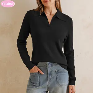 Yolabra Women’S Long Sleeve Polo Knit Sweater With Lapel Collar V-Neck Notch Polo Pullover Soft Knit Top Slim Fit Fine Lightweight Knit Casual Blouse Classic Solid Color Office Daily Knit Shirt Ribbed Cuffs And Hem Long Sleeve Sweater