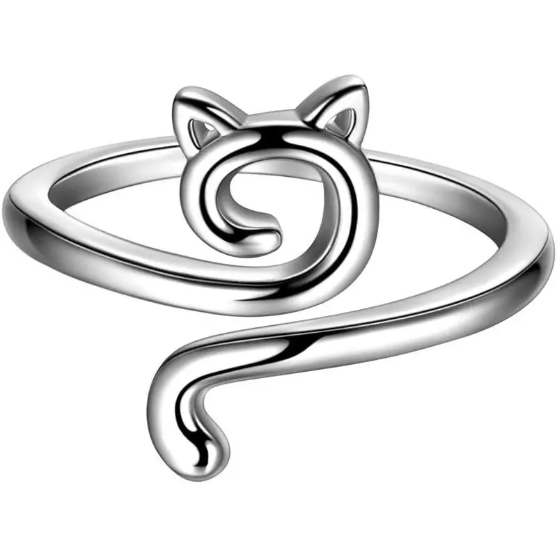 Cute Cat Adjustable Ring Silver Plated Cute Cat Animal Open Ring Women's Jewelry