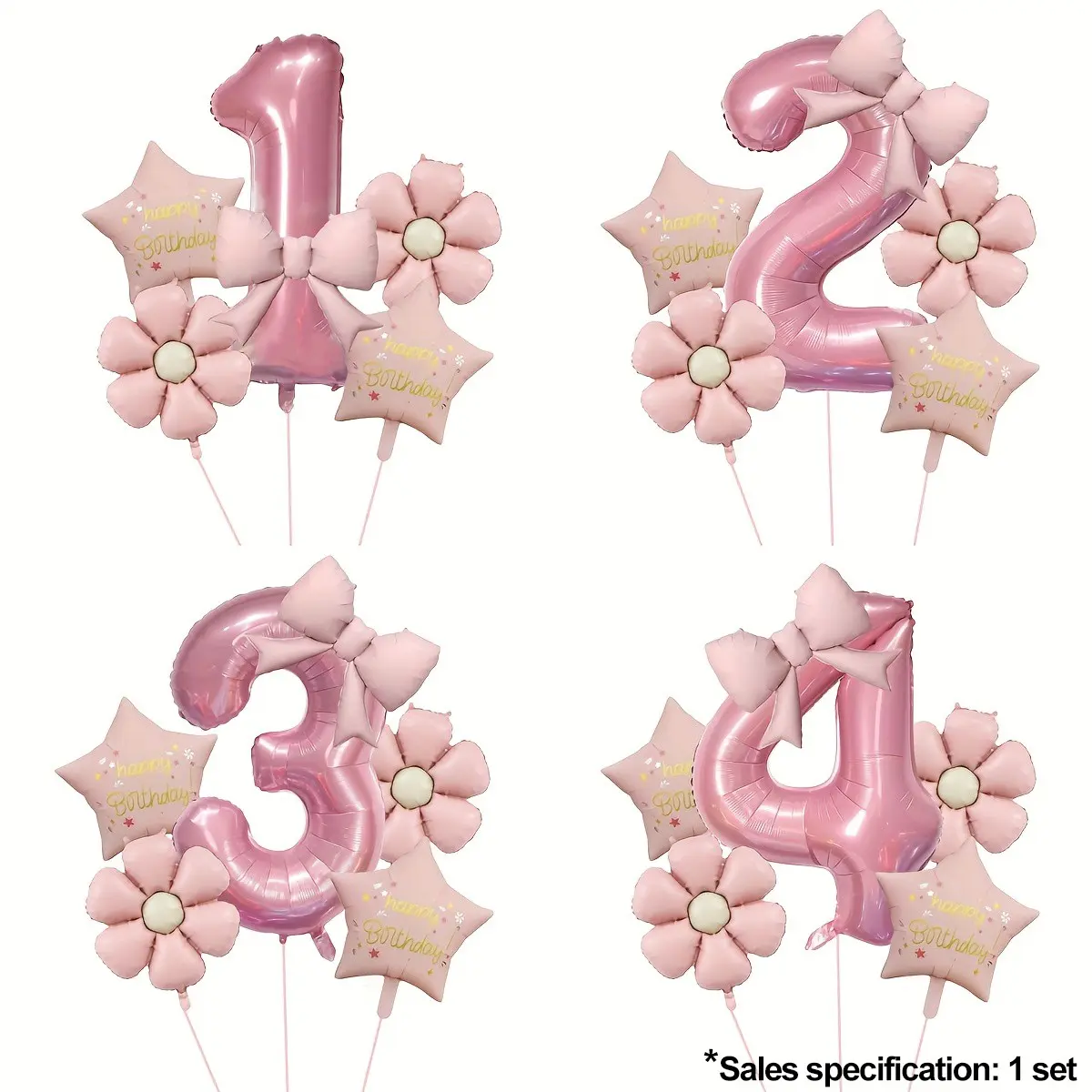 6Pcs Pink Number Bow Party Balloon Set, Daisy Flower, Happy Birthday & Star Foil Balloons, Decorations for Birthday Party, Anniversary, Holiday Celebration, Backdrop & Outdoor Photoshoot Props