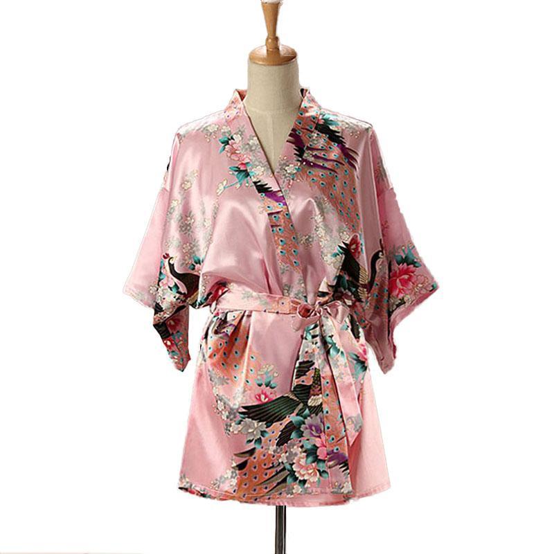 Lace Up Woman Peacock Print Japanese Kimono Yukata Silk Satin Short Style Sleepwear Home Nightgown Bath Robe Costume