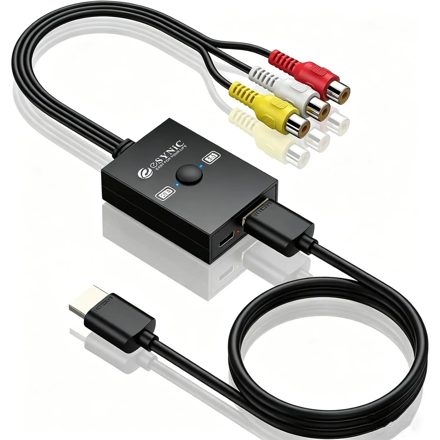 eSynic Portable RCA to HDMI Converter with 4:3/16:9 Switch-1080P Output-Plug & Play-AV to HDMI Adapter for Wii/PS2/N64/PS1 Retro Game Video Converter for HDTV/Projector-Compatible with PAL/NTSC