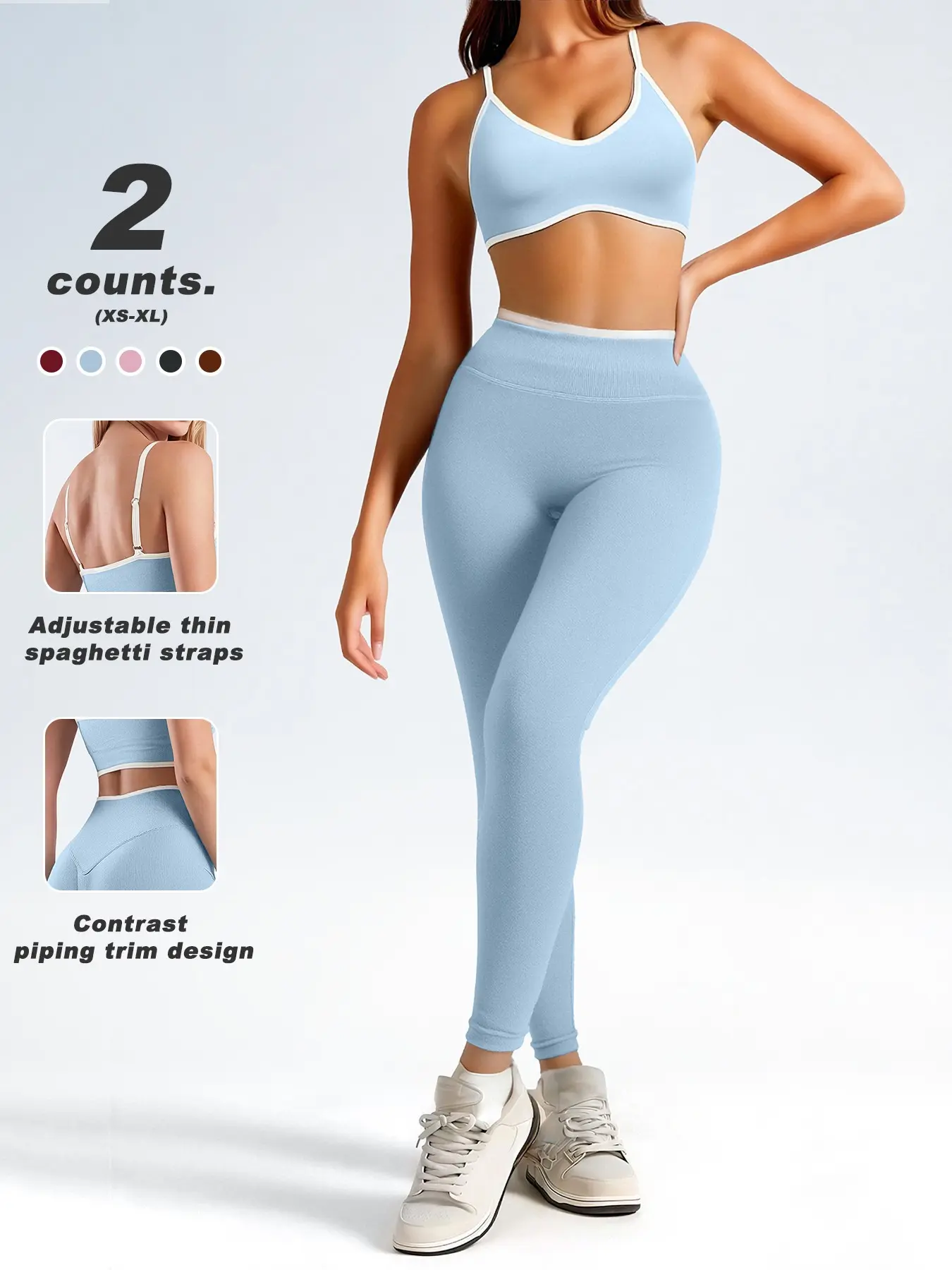 Dopamine Color 2 Piece Athleisure Tracksuit for Women, Adjustable Thin Spaghetti Strap Contrast Trim Crop Top & High Waist Skinny Workout Leggings, Slim Sculpting Summer Active Set, Workout Tracksuits for Gym Yoga Daily Outings, 5 Solid Colors XS-XL