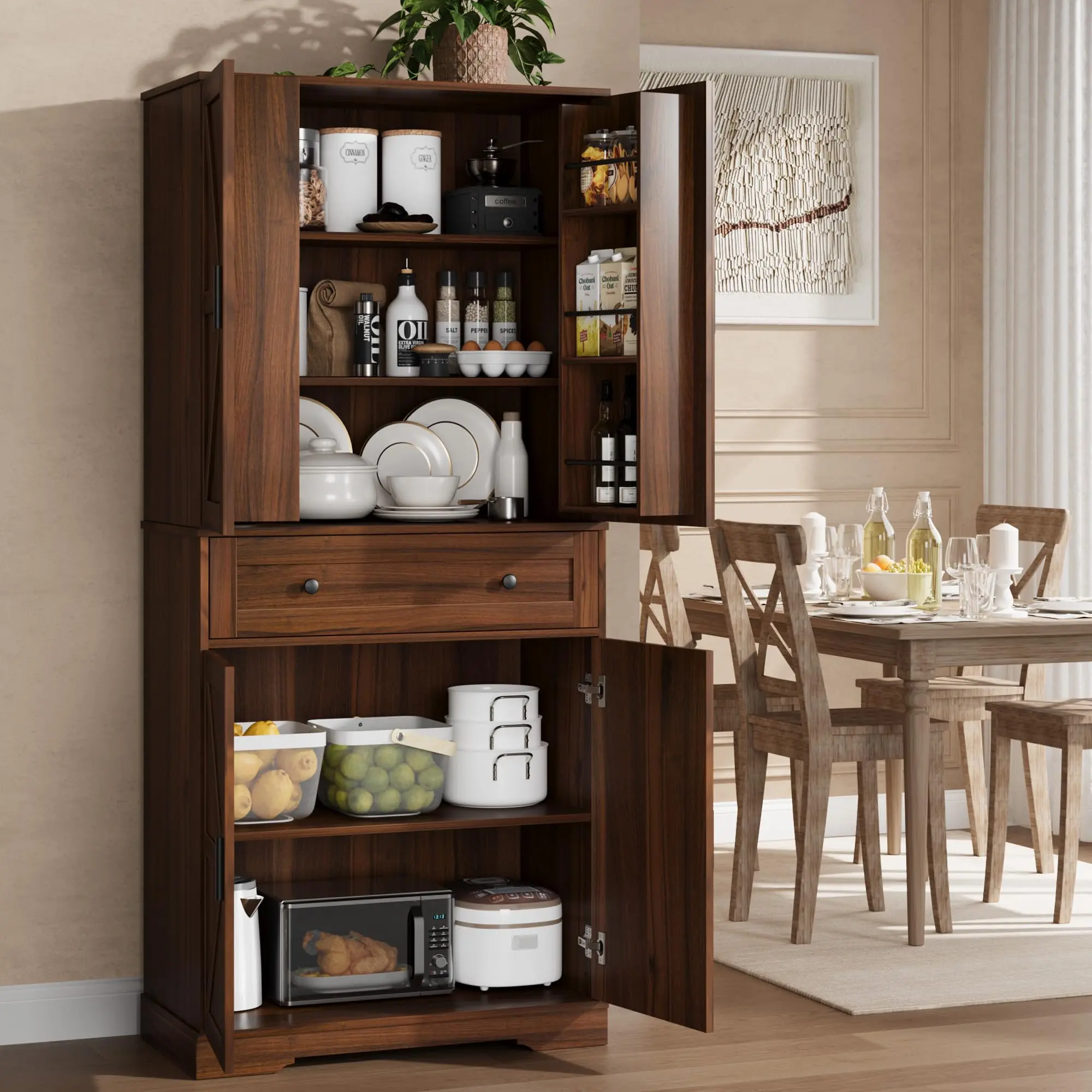 71" Farmhouse Kitchen Pantry Storage Cabinet with Barn Doors, Tall Cupboard with Adjustable Shelves & Drawer for Dining Room, Weathered Grey