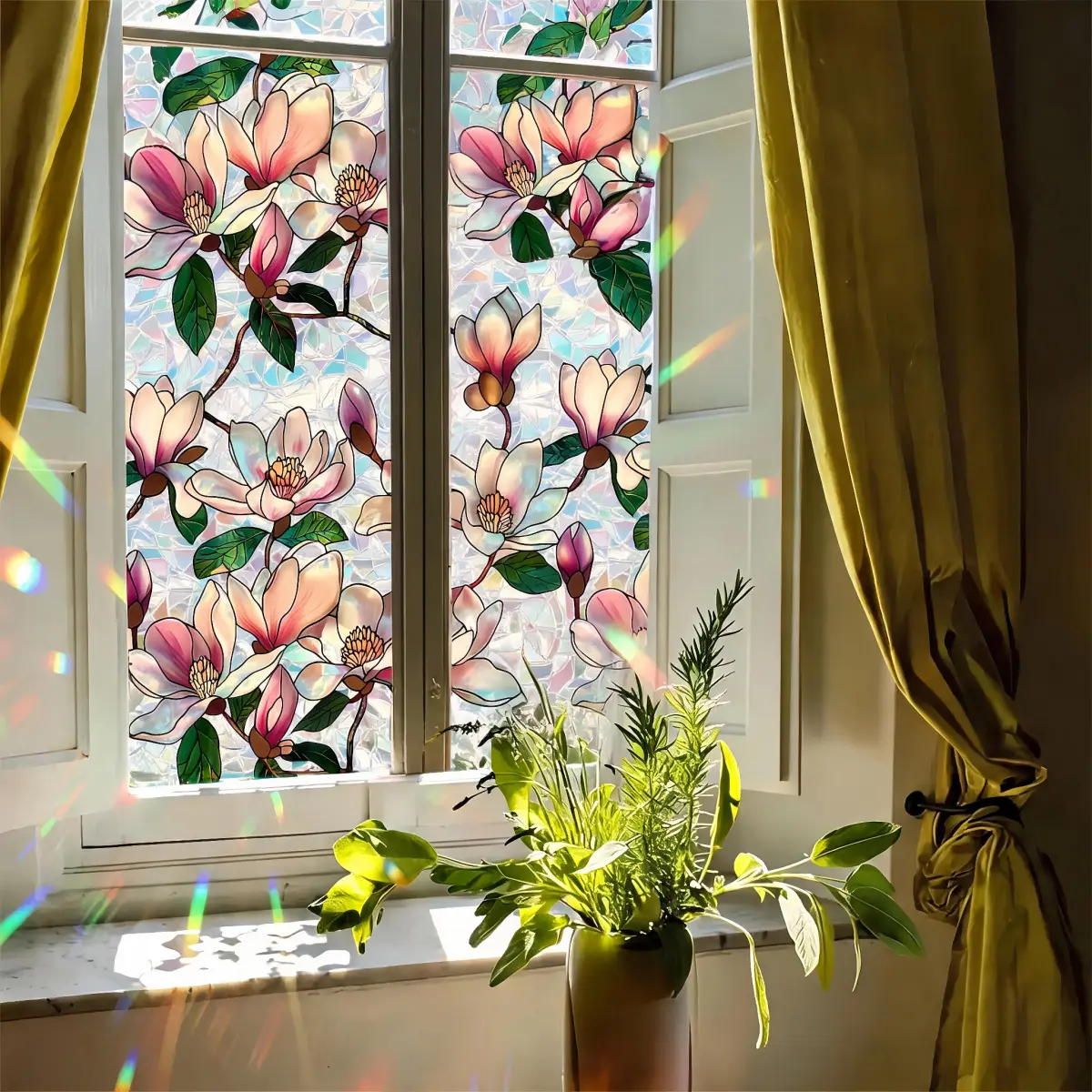 A Set of Spring-Colored Flower Window Privacy Film With Electrostatic Adsorption, Floral Pattern Glass Window Film Roll Decorative Sticker, Interior Stickers Sun and UV Blocker for Glass Doors,17.7 x 39.4,Stained Retro decal, Thanksgiving, Earth Day