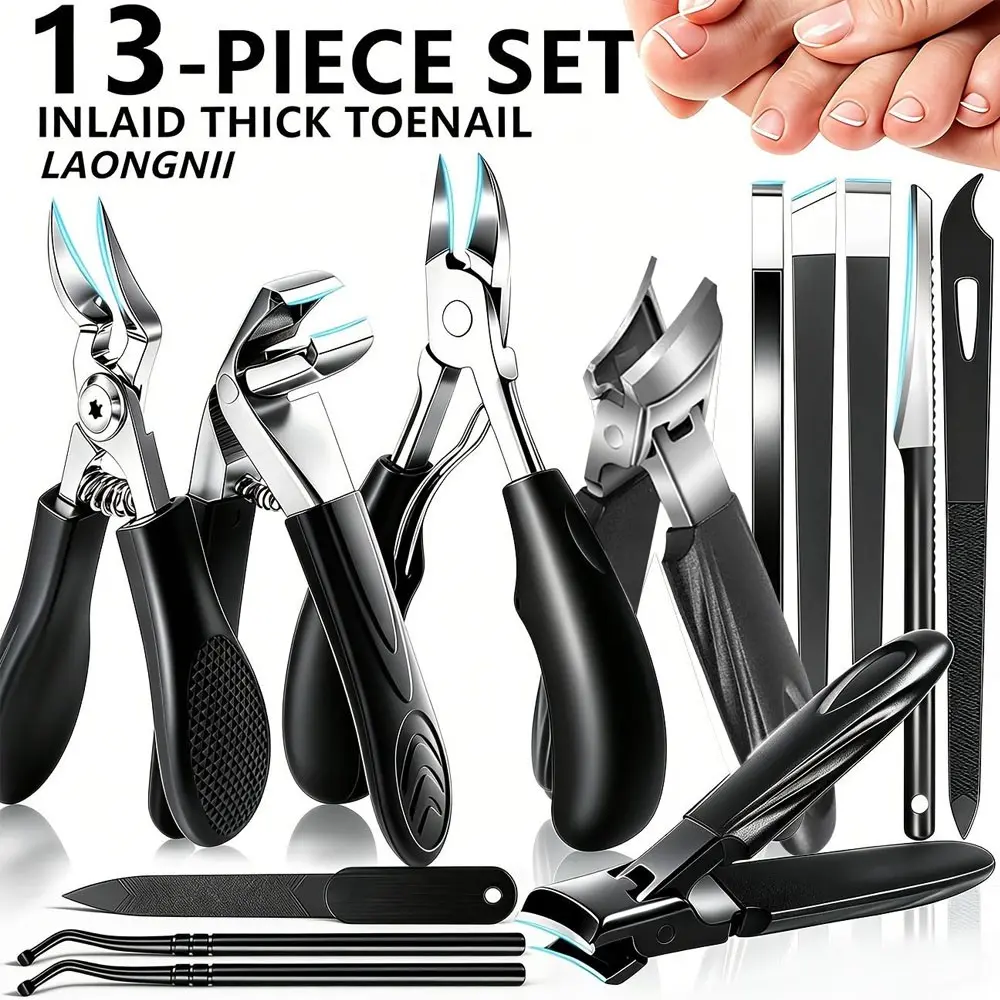 13Pcs Black Handle Professional Manicure Pedicure Kit Ingrown Toenail Nipper Thick Nail Clipper Nail Lifter Nail File Home Hand Foot Care Tools Set