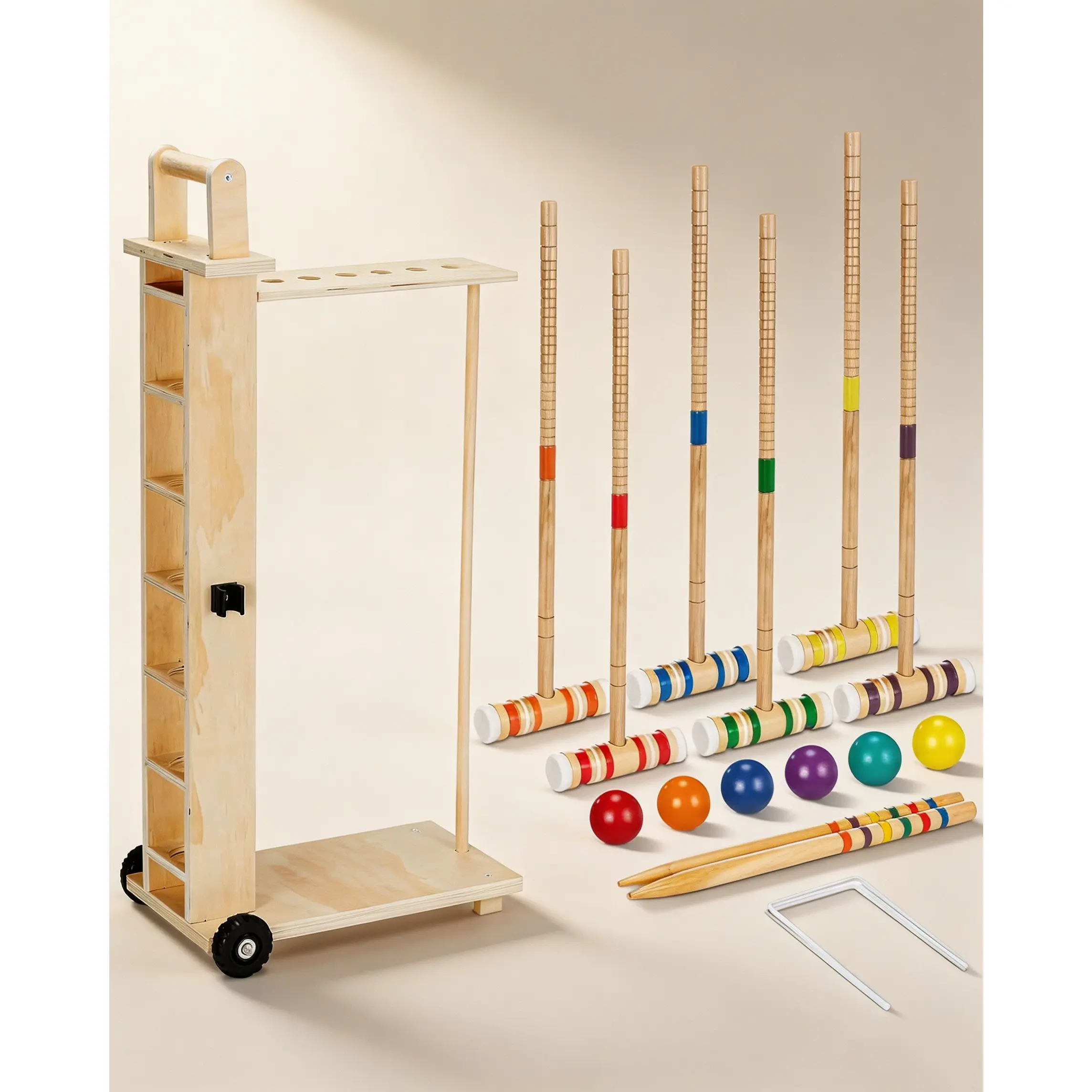 6 Player Croquet Set for Adults Wooden Mallets Rubber Wood Balls Colorful Balls Steel Wickets Outdoor Lawn Backyard Family Friends Game Set