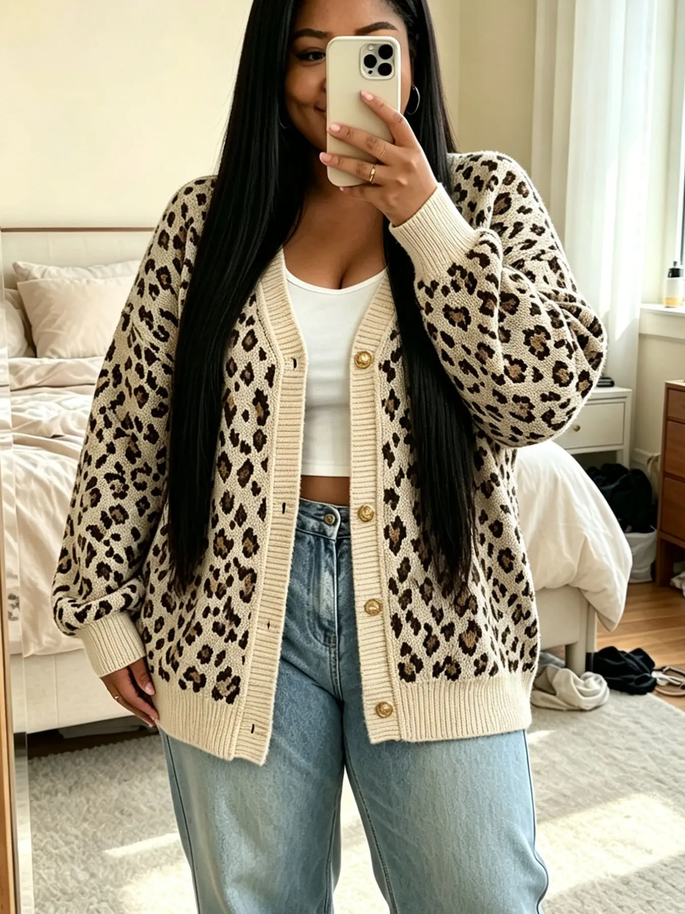 Plus Size Women's Leopard Print Knit Cardigan, Vintage V-Neck Button Front, Loose Fit, Casual Fashion, Spring & Fall Outerwear