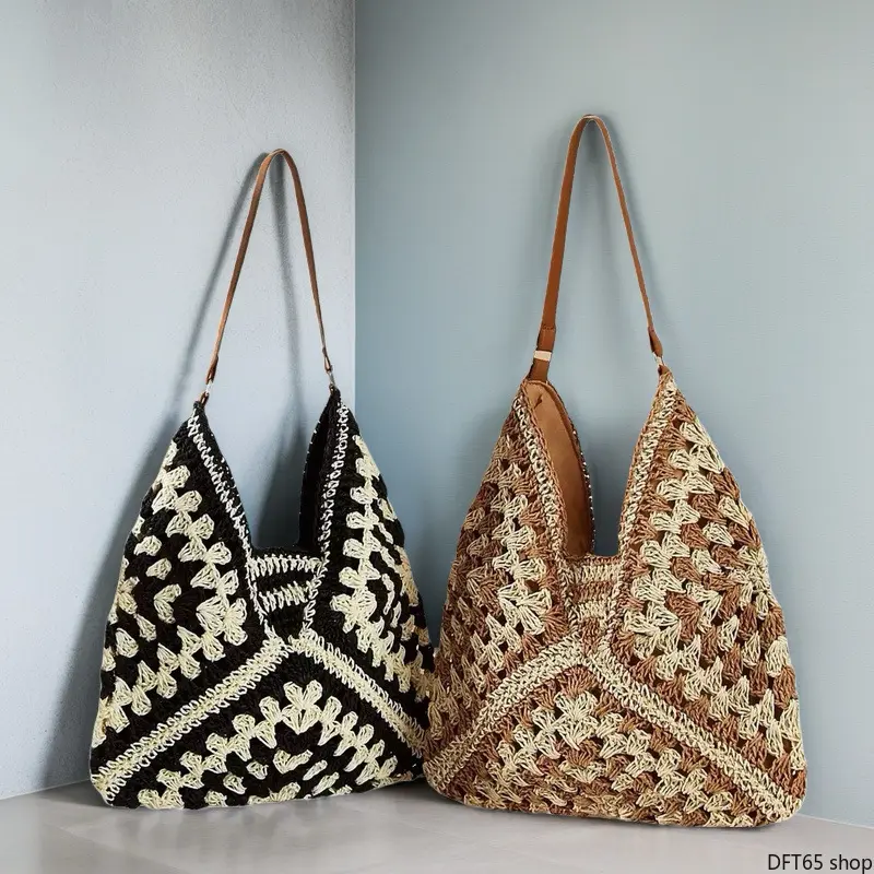 Women's Hand-Crocheted Synthetic Straw Weave Single-Shoulder Tote Bag - Hollow, Breathable, Lightweight, Flexible Texture - for Summer Seaside Vacation, Casual Outfit Matching, Portable Storage Accessory, Crochet Weave