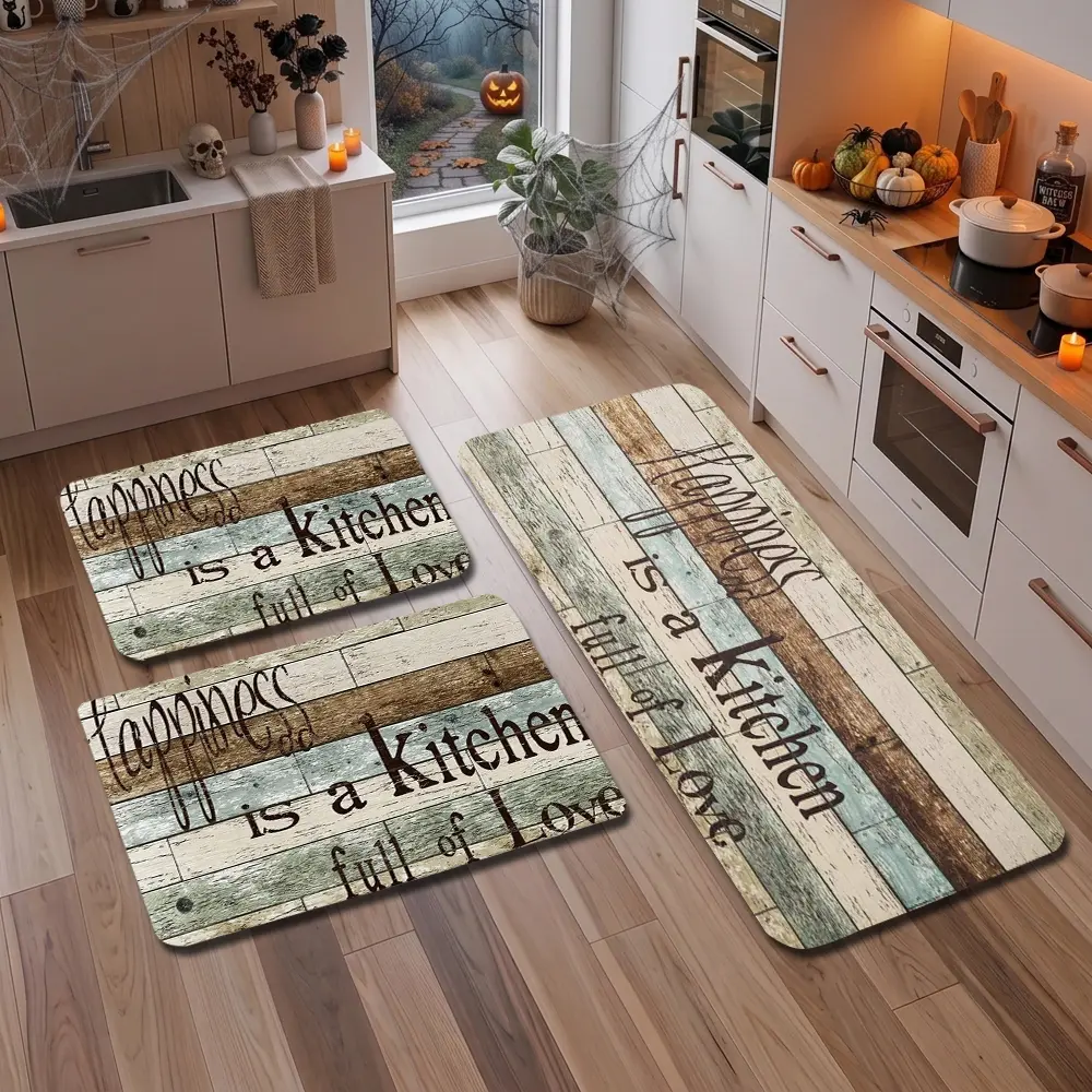 Farmhouse-Style Kitchen Mat Set (1/2/3-Piece Set) — Comfortable, cushioned mats for home and office use, featuring an ergonomic memory foam design; waterproof and non-slip; sizes: 16"x24", 20"x32", and 20"x48"; pattern theme: "Happiness"