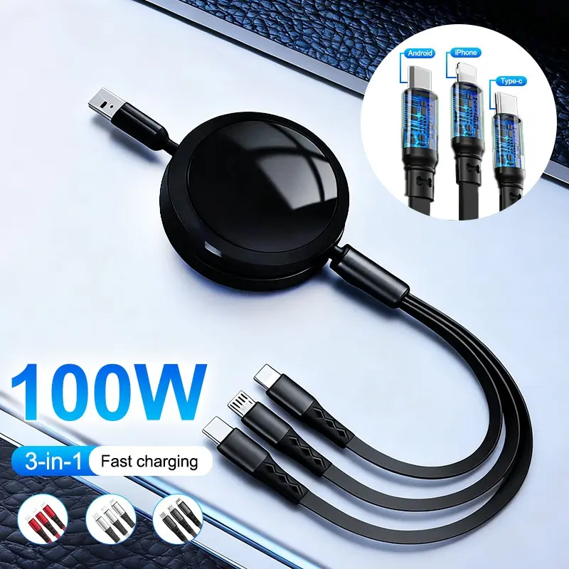 3 In 1 Retractable USB Cable Fast Charging Data Cord For iPhone Samsung Huawei Xiaomi Multi Port Multiple Charging Wire