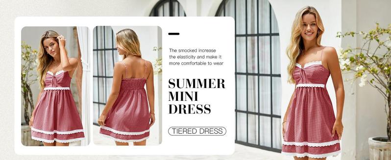 Imily Bela  Womens Cute Plaid A-line Summer Beach Dresses Spaghetti Straps Ruffle Hem Casual Mini Dress with Side Pocket