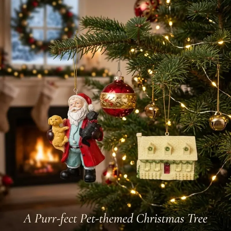 Upulipuli Set of 2 Christmas Ornaments, Pet Lover Santa Claus Holding Cat and Dog Figurine with Miniature Snowy House, Christmas Tree Hanging Decorations, Holiday Xmas Gifts for Dog Mom Cat Dad, Resin Crafts