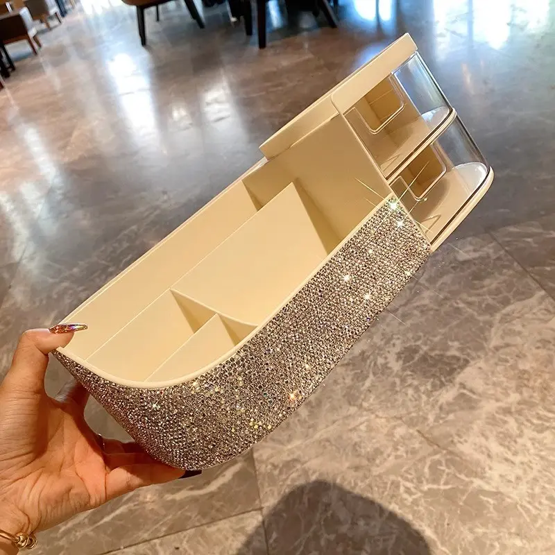 Drawer-Style Cosmetic Organizer Box 1pc, Artificial Rhinestone Desktop Skincare Storage, Creative Large Capacity Makeup Brush Lipstick Holder
