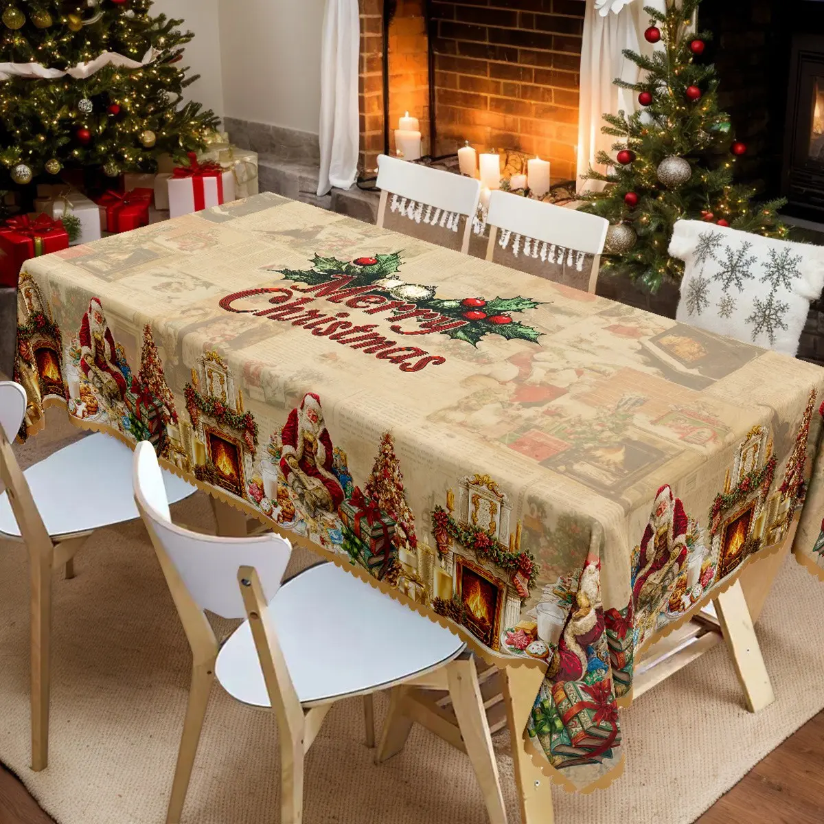 Christmas vintage newspaper Santa Claus pattern printed straight-edge Festive tablecloth, water-resistant and stain-resistant reusable square tablecloth, suitable for decoration in living rooms, dining rooms and hotels
