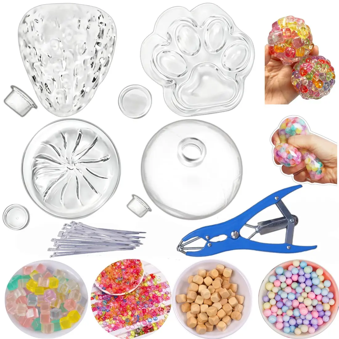 DIY Stress Ball Making Kit, Includes 4 Filling Packs & 4 Mold Shapes (Strawberry, Dumpling, Cat Paw & Round Bal), 15mL Glue, Mold Opening Tool, Soft Stress Relief Sensory Squishy Toys for Adults Squishy Maker Kit