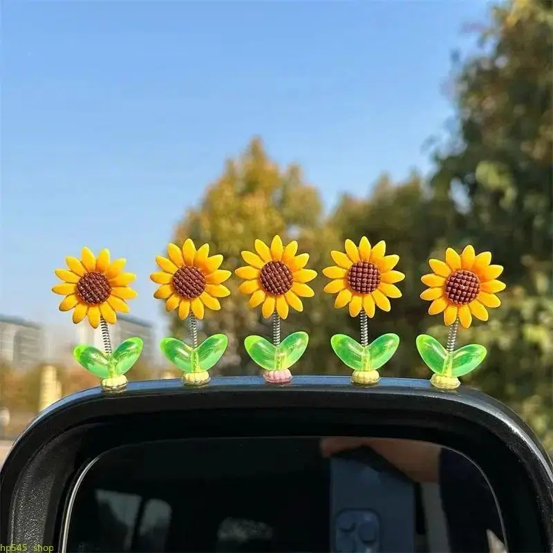 Set of 5 adorable car dashboard ornaments with sunflowers — interior accessory with a shaking head for the center console; car accessories gift (car items, Father’s Day and graduation gifts). travelessentials