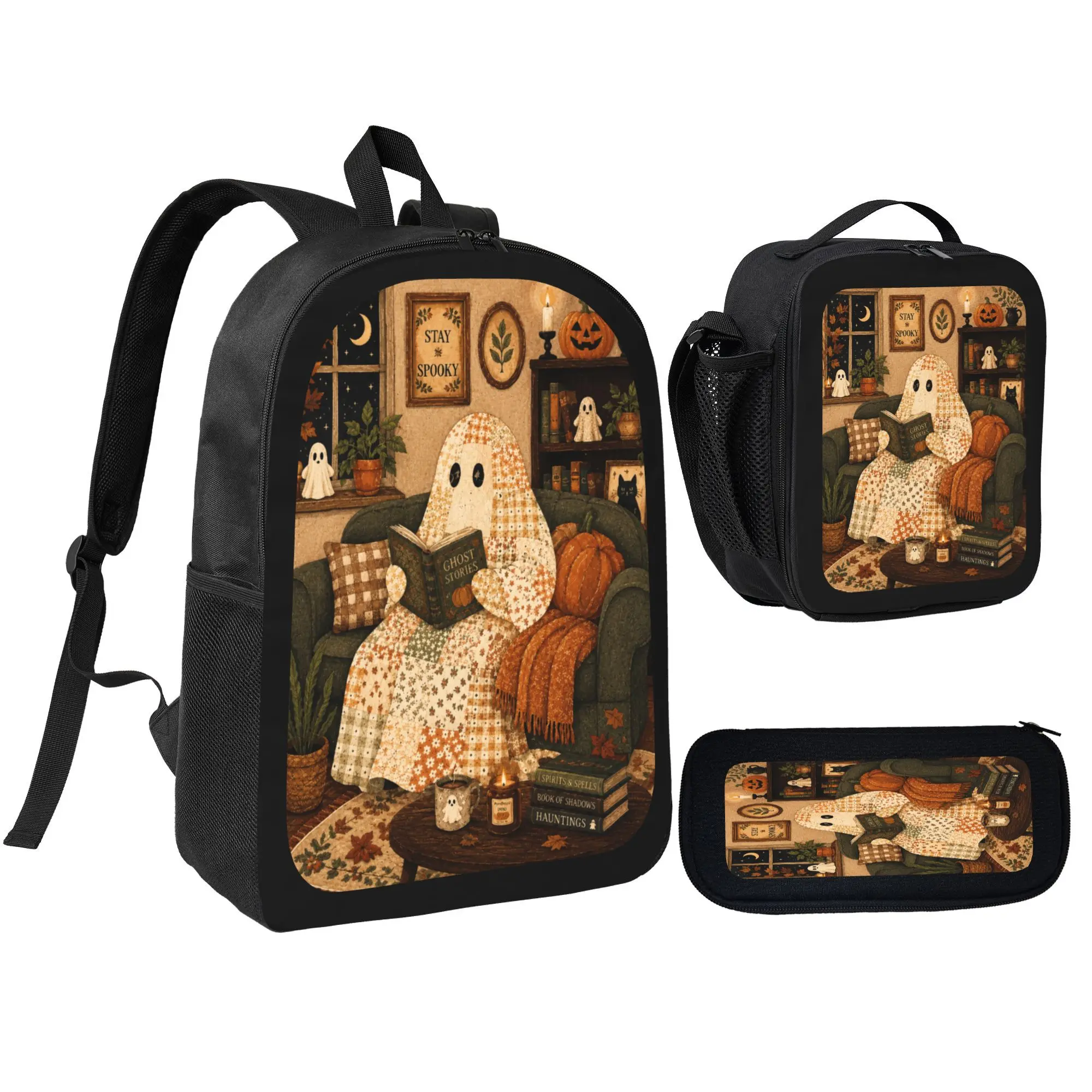 Cute Ghost Reading Backpack Cozy Halloween Cottagecore Vintage Bookish Daypack Gift for Women