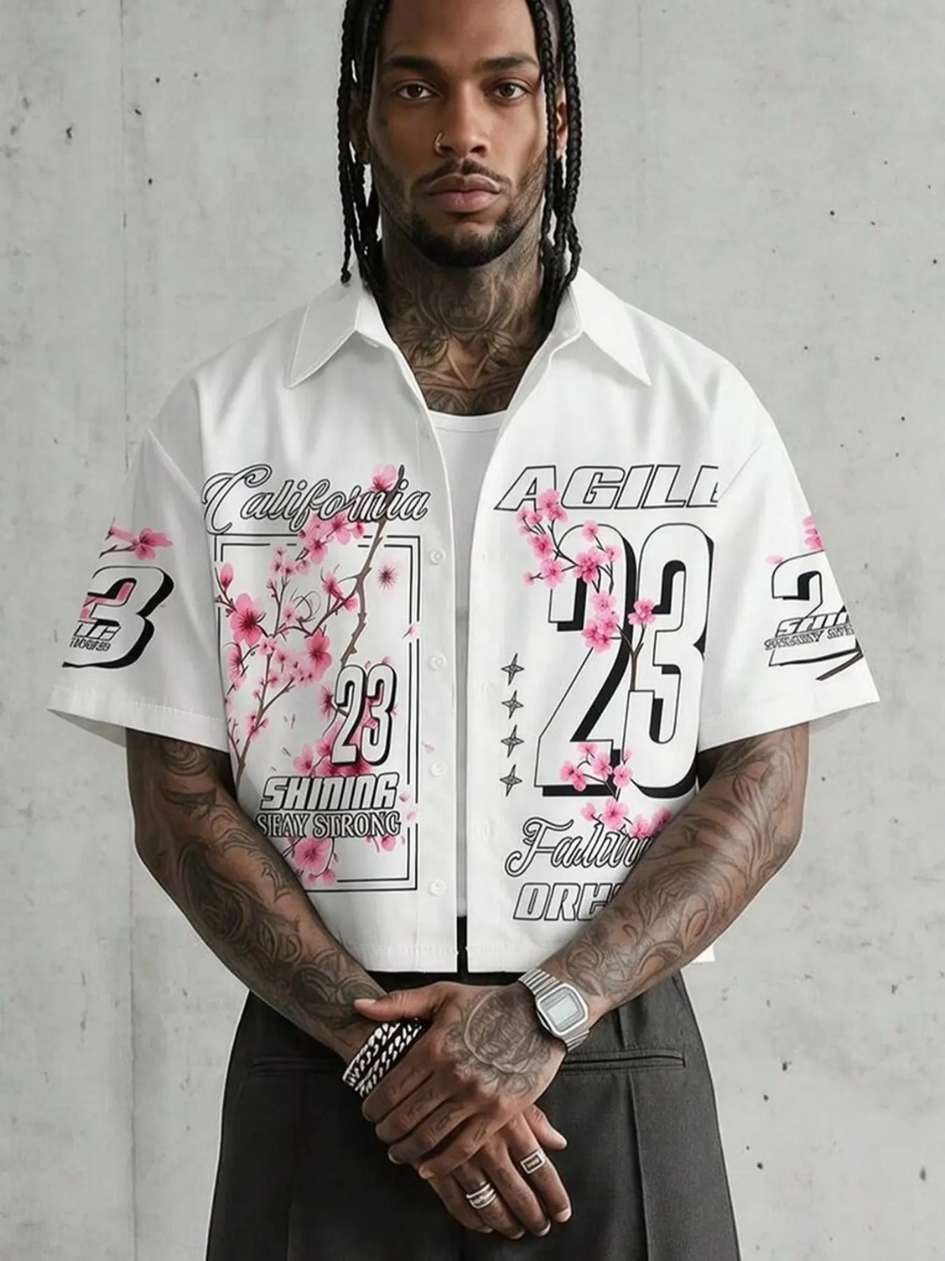 Men's White Lapel Short Sleeve Button Shirt, Casual Collared Shirt, California 23 Pink Cherry Blossom Slogan Star Letter Graphic Print, Loose Oversized Fit, Light Wrinkle Resistant Woven Fabric, Y2K Floral Hip Hop Casual Top