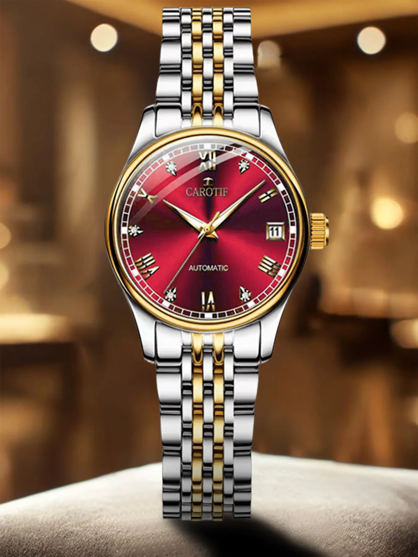 Women's Analog Automatic Mechanical Watch, Night Light Waterproof Calendar Bracelet, Golden Color Band, Popular Style for All Seasons, Automatic Wristwatch, Trendy Exquisite Watch, Fashionable Watches