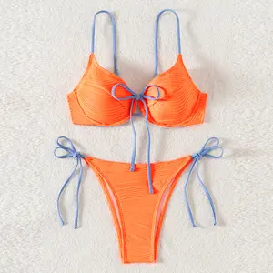2026 new contrasting color split bikini hard bag swimsuit women's lace-up bikini sexy vacation beachwear