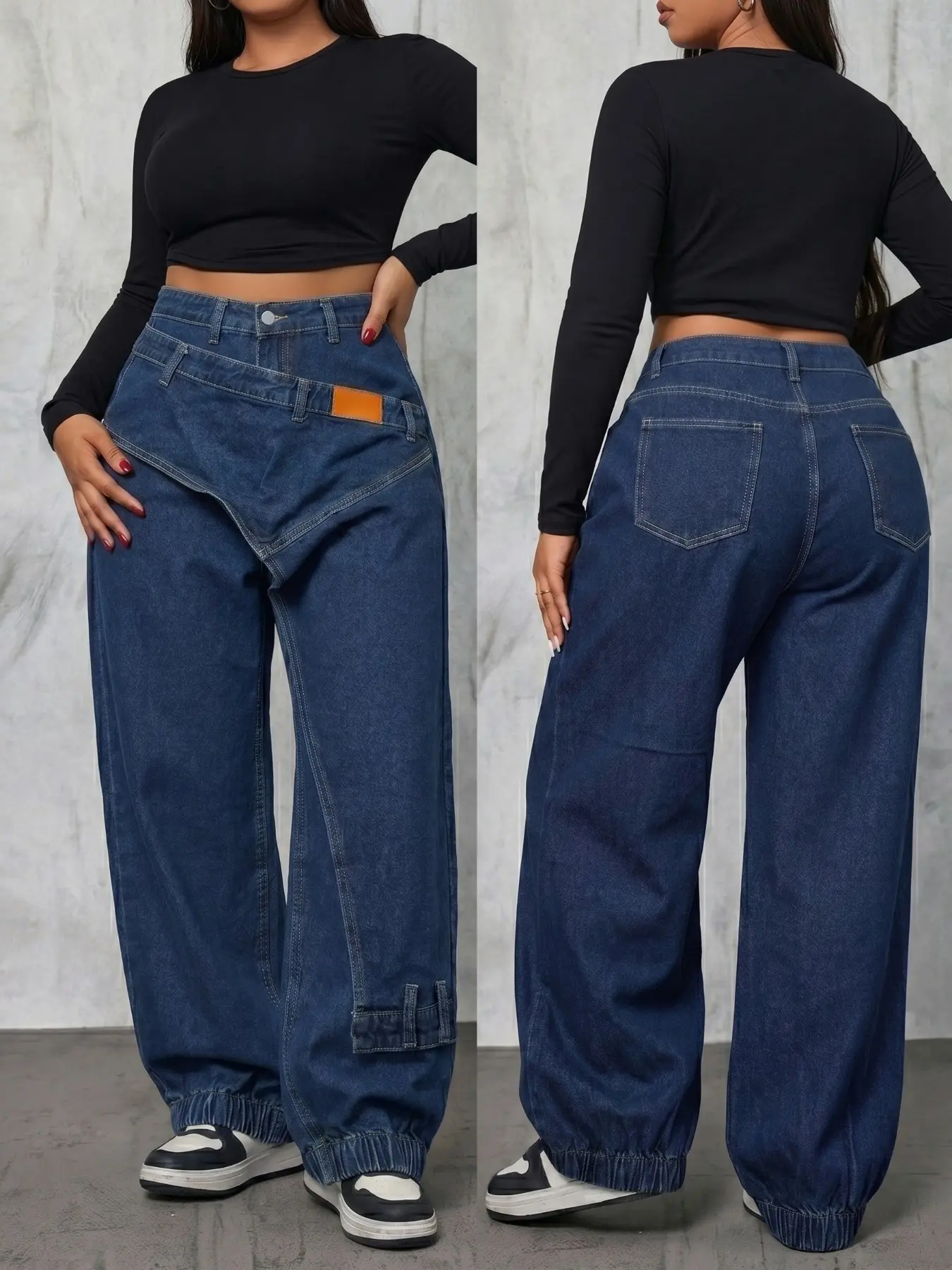 Women's Asymmetrical Waist Cargo Pants, Fake Belt Label, Wide Leg Long Jeans, Streetwear Y2K Style, Perfect for Pear Shape Body