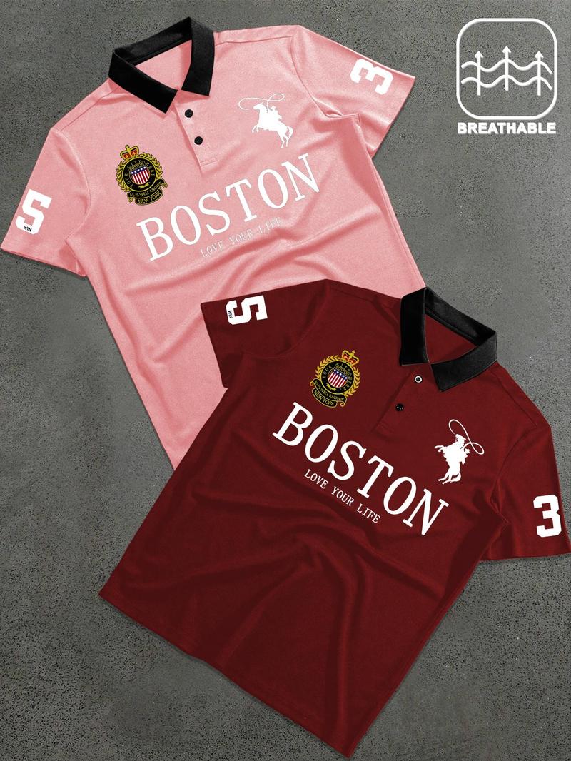 Men's Letter & Number Print Polo Shirt, Fitted Casual Collared, Regular Fit Casual Short Sleeve Top for Daily Outdoor Wear, Fashion Men's Clothes for All Seasons