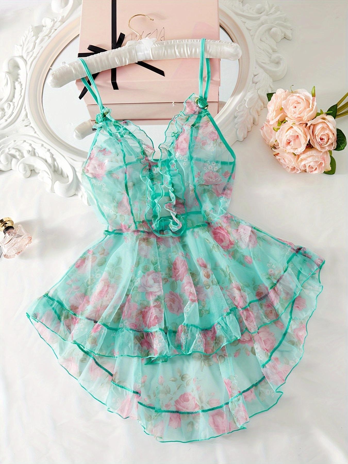 Women's Floral Print Ruffle Sheer Lace Cami Nightdress, Summer Clothes Women, Elegant Romantic Flowers Decor High Low Hem Nightgown for Daily Wear, Ladies Summer Clothes, Nightwear