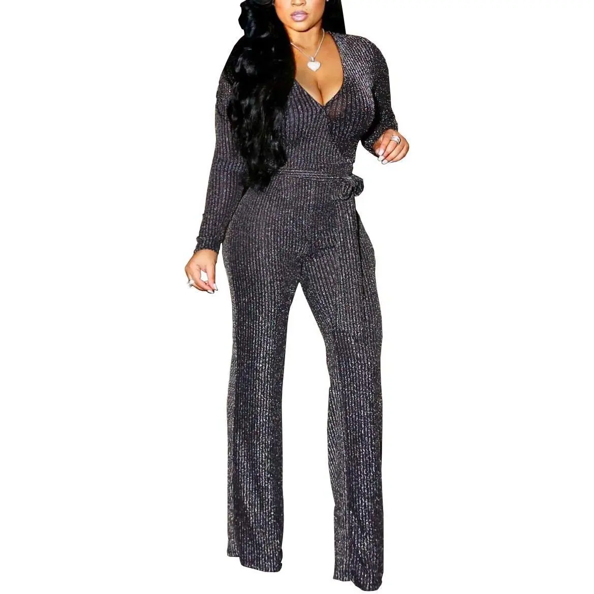 Women Casual Sexy V Neck Sparkly Jumpsuits Long Sleeve Onesie Loose Pants Party Clubwear with Belt
