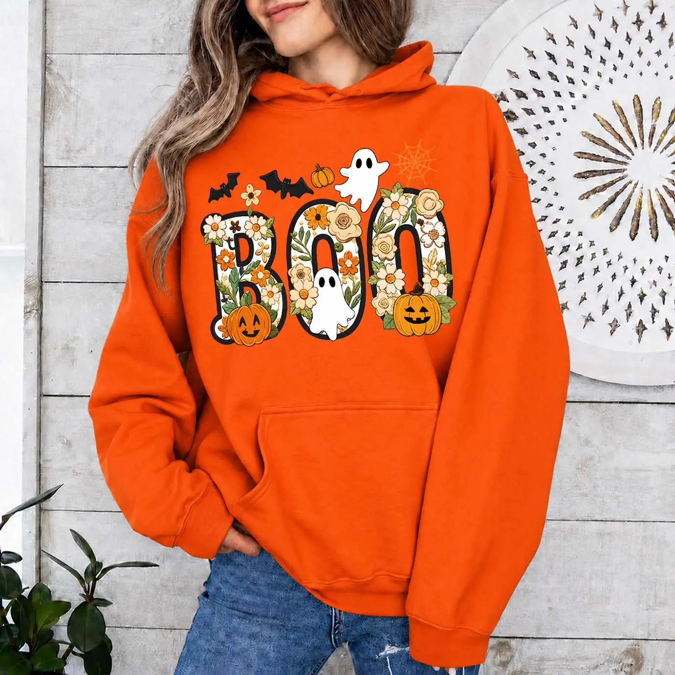 Women’s Halloween BOO Graphic Hoodie, Cute Floral Ghost Pumpkin Bat & Spider Web Print Pullover Sweatshirt, Cozy Long Sleeve Fall Top with Front Pocket, Spooky Autumn Hoodie for Halloween Parties,Pumpkin Patch Trips,Weekend Wear & Seasonal Outfits