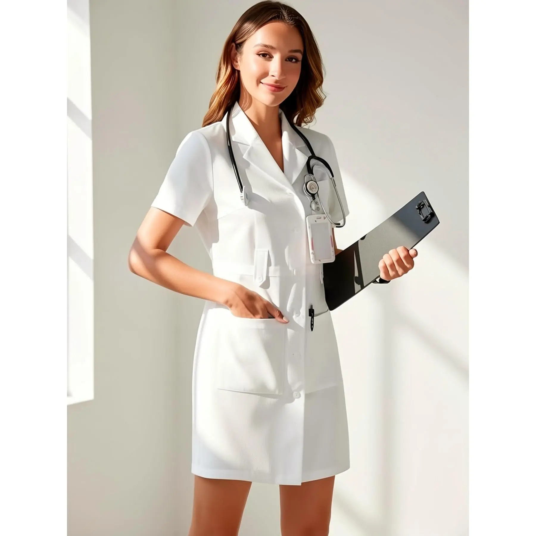Women's Elegant White Solid Nurse Coat, Chic Summer Solstice Sports Outerwear, Breathable Polyester Fabric